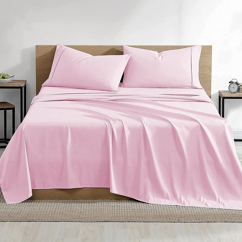 EDMUND Egyptian Cotton Fitted Bedsheet 3 Piece Elastic Fitted Bedsheet Set Include 1 Fitted Sheet 60 x 78 2 Pillow Covers 18 x 28 400 TC Fitted Sheet Light Pink Queen Size - Image 3