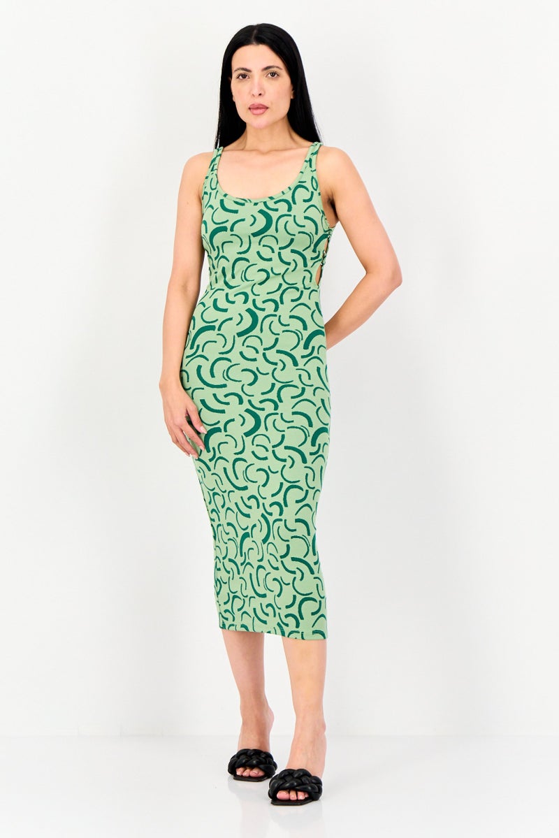 Bershka Women Allover Print Bodycon Dress, Mint Green - Image 1