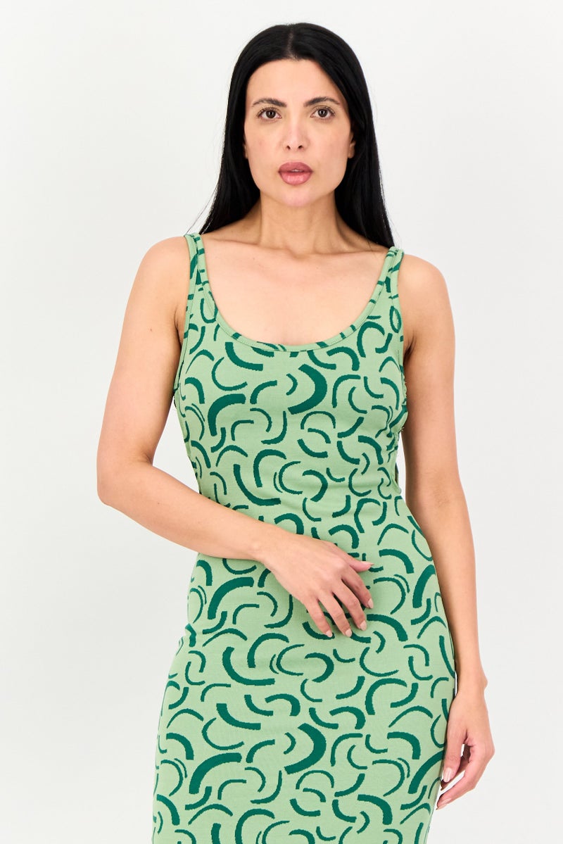 Bershka Women Allover Print Bodycon Dress, Mint Green - Image 2