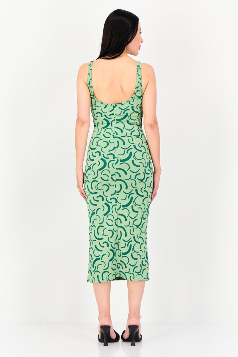 Bershka Women Allover Print Bodycon Dress, Mint Green - Image 3