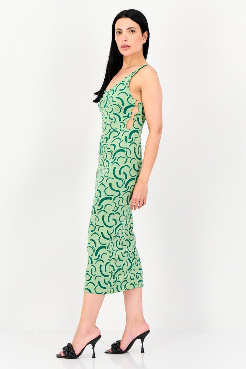 Bershka Women Allover Print Bodycon Dress, Mint Green - Image 4