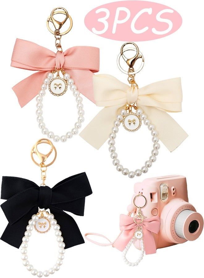 3 Pcs Cute Bow Keychain for Women, Pearl Wristlet Keyring Car Keys Handbag Purse Pendant Bag Charm Accessory Elegant Key Holder for Purse Handbag Backpack Ideal Gift for Girls,White, Black,Pink - Image 1