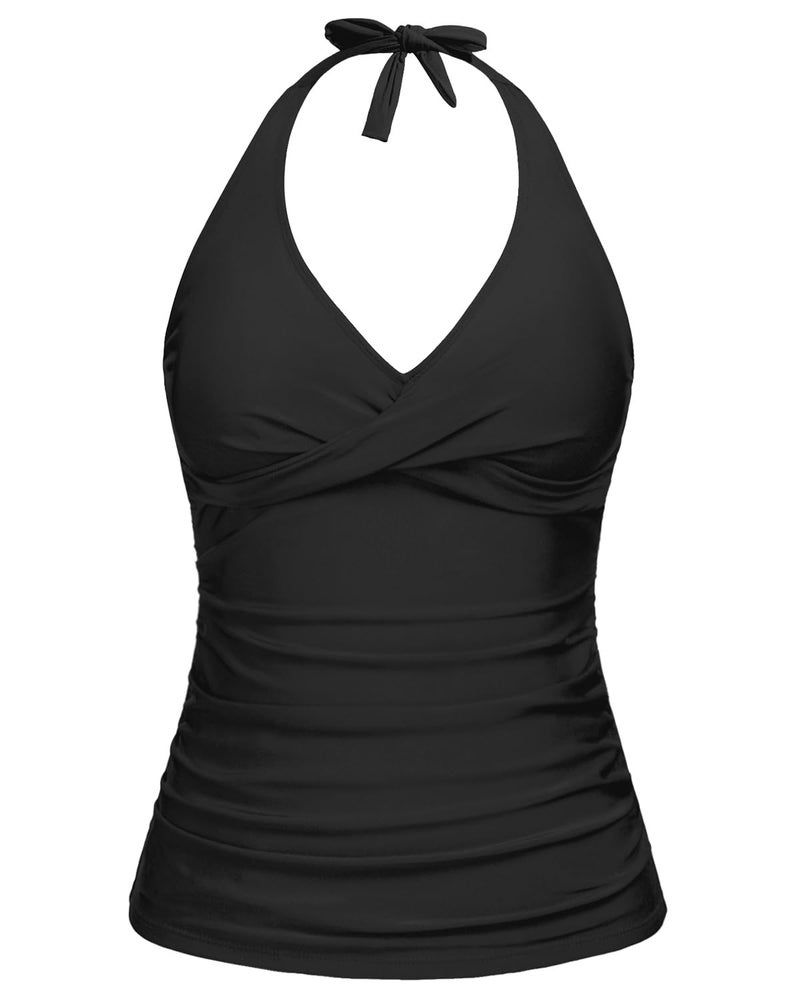 Tempt Me Women's Black Tankini Top Halter Tummy Control Swim Tops Only Twist Front V Neck Bathing Suit No Bottom M - Image 1