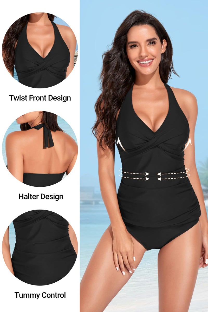 Tempt Me Women's Black Tankini Top Halter Tummy Control Swim Tops Only Twist Front V Neck Bathing Suit No Bottom M - Image 4