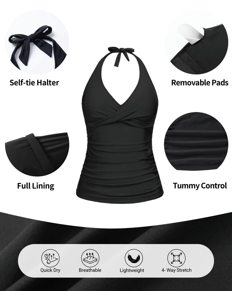 Tempt Me Women's Black Tankini Top Halter Tummy Control Swim Tops Only Twist Front V Neck Bathing Suit No Bottom M - Image 5