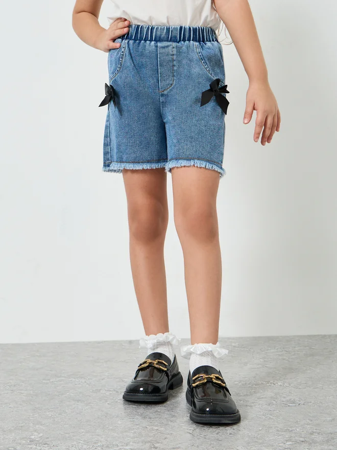 Styli Styli Girls Denim Shorts with Bow Applique