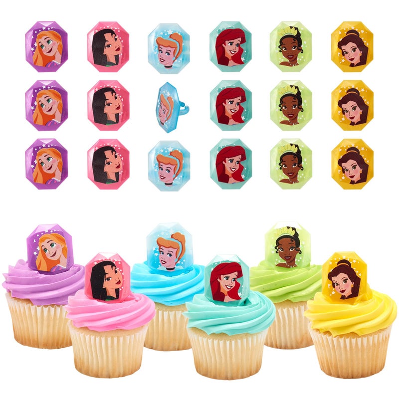 DecoPac Disney Princess Gemstone Rings, Cupcake Decorations Featuring Mulan, Cinderella, Tiana, Belle, Rapunzel and Ariel, Multicolored 3D Food Safe Cake Toppers â€“ 24 Pack - Image 1