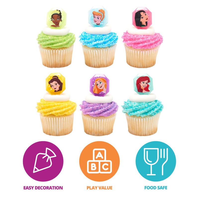 DecoPac Disney Princess Gemstone Rings, Cupcake Decorations Featuring Mulan, Cinderella, Tiana, Belle, Rapunzel and Ariel, Multicolored 3D Food Safe Cake Toppers â€“ 24 Pack - Image 3
