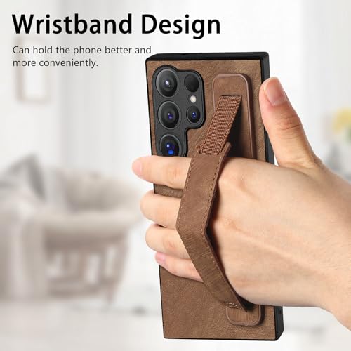 Omio Designed for Galaxy S24 Ultra Leather Case with Stand & Strap, Wrist Strap Leather Back Cover Hard PC Shockproof Finger Grip Case for Galaxy S24 Ultra Men Women Girls, Brown - Image 4