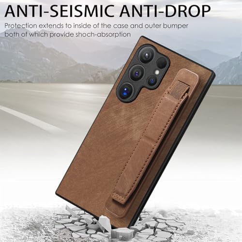 Omio Designed for Galaxy S24 Ultra Leather Case with Stand & Strap, Wrist Strap Leather Back Cover Hard PC Shockproof Finger Grip Case for Galaxy S24 Ultra Men Women Girls, Brown - Image 3