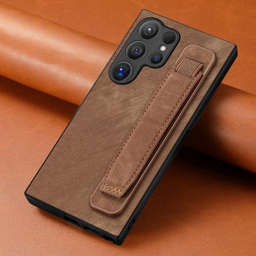 Omio Designed for Galaxy S24 Ultra Leather Case with Stand & Strap, Wrist Strap Leather Back Cover Hard PC Shockproof Finger Grip Case for Galaxy S24 Ultra Men Women Girls, Brown - Image 2