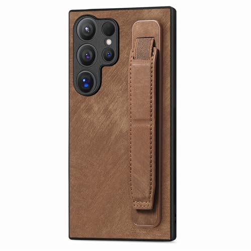 Omio Designed for Galaxy S24 Ultra Leather Case with Stand & Strap, Wrist Strap Leather Back Cover Hard PC Shockproof Finger Grip Case for Galaxy S24 Ultra Men Women Girls, Brown - Image 1