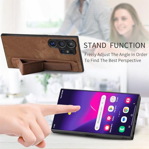 Omio Designed for Galaxy S24 Ultra Leather Case with Stand & Strap, Wrist Strap Leather Back Cover Hard PC Shockproof Finger Grip Case for Galaxy S24 Ultra Men Women Girls, Brown - Image 5