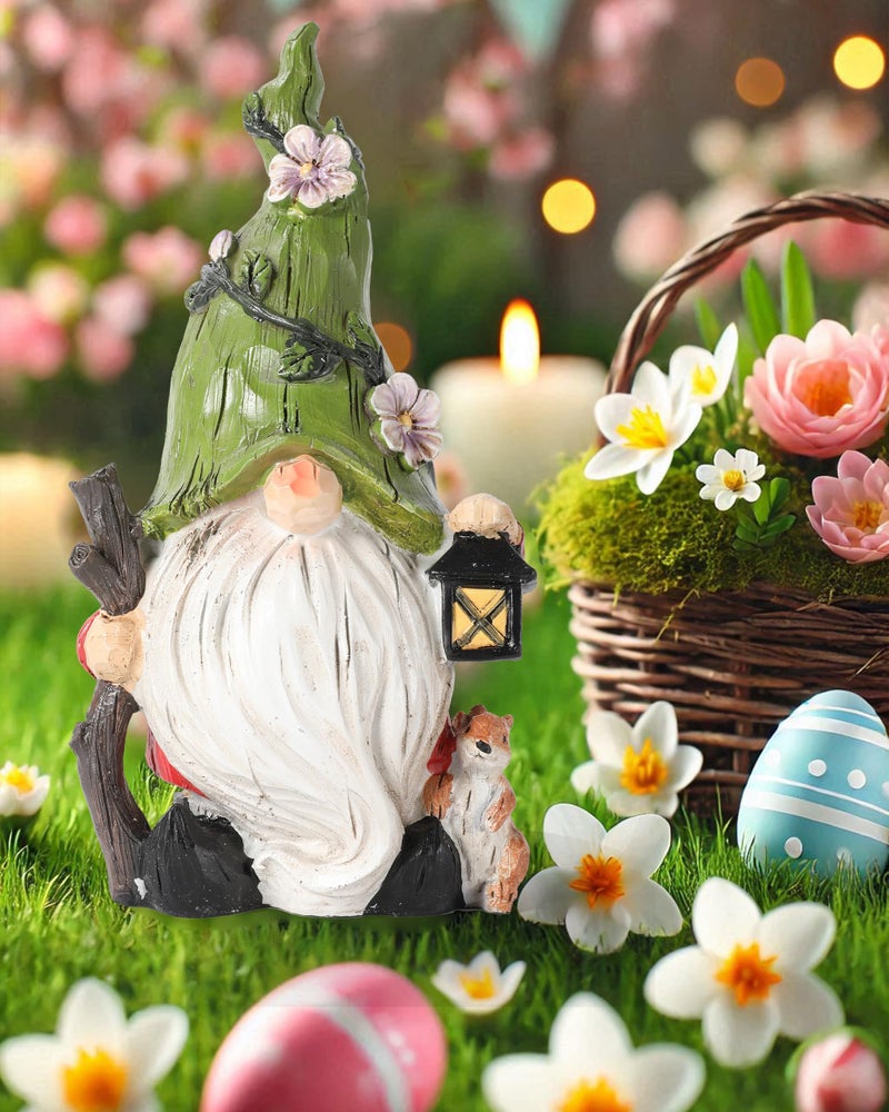 GoGnome Hand-Painted Resin Garden Gnome with Squirrel Figurine - 6.5" Tall Summer and Spring Decorations for Home, Yard, and Garden - Unique Gnome Gifts for All Ages (Green) - Image 1