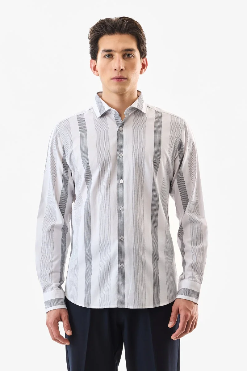 سنيتش White Striped Long Sleeve Slim Fit Formal Luxe Shirt