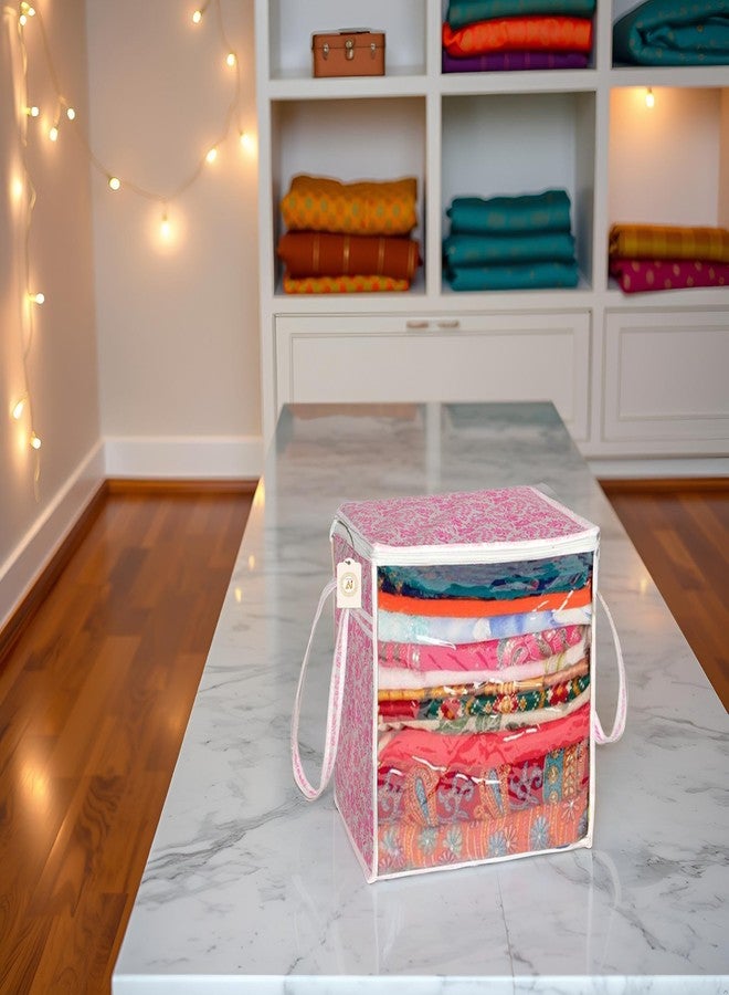 SHAPING FABRIC Pink Floral Fabric Saree Storage Bag with Transparent Front & Zipper Closure - Pack of 01 SF-SBB-1315 - Image 1