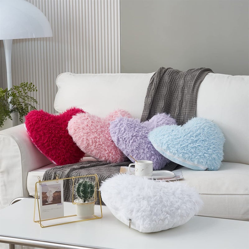 MOOWOO Pink Girl Heart Throw Pillow with Pillow Cover and Insert Love Pillow Valentines Day Decor  Shaggy Faux Fur Fluffy Pillow  Gift for Mothers Girls (Pink Heart Shape-15.7X15.7Inches) - Image 3