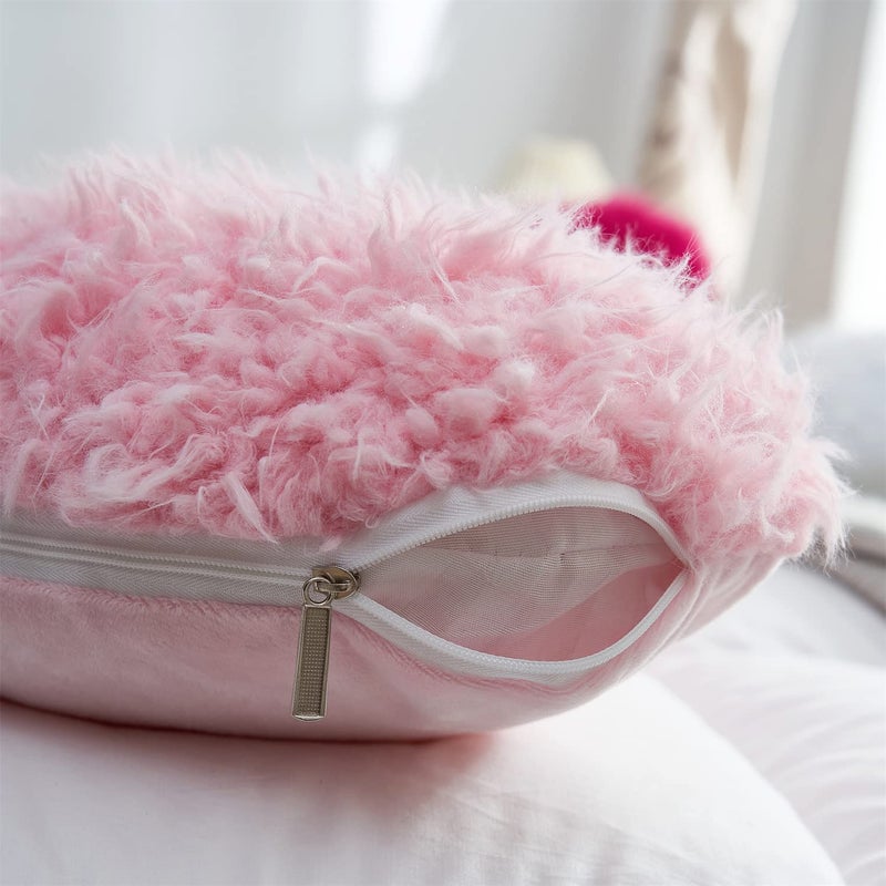 MOOWOO Pink Girl Heart Throw Pillow with Pillow Cover and Insert Love Pillow Valentines Day Decor  Shaggy Faux Fur Fluffy Pillow  Gift for Mothers Girls (Pink Heart Shape-15.7X15.7Inches) - Image 4