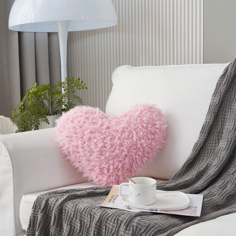 MOOWOO Pink Girl Heart Throw Pillow with Pillow Cover and Insert Love Pillow Valentines Day Decor  Shaggy Faux Fur Fluffy Pillow  Gift for Mothers Girls (Pink Heart Shape-15.7X15.7Inches) - Image 5
