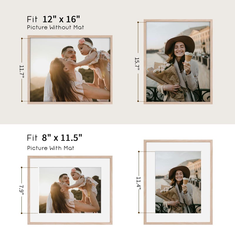 puthiac 12x16 Solid Oak Wood Picture Frame, Fits 8x12 with Mat or 12x16 Without Mat, Wall Display Only, Vertical or Horizontal, Plexi Front, 1 Pack, Natural Oak - Image 4