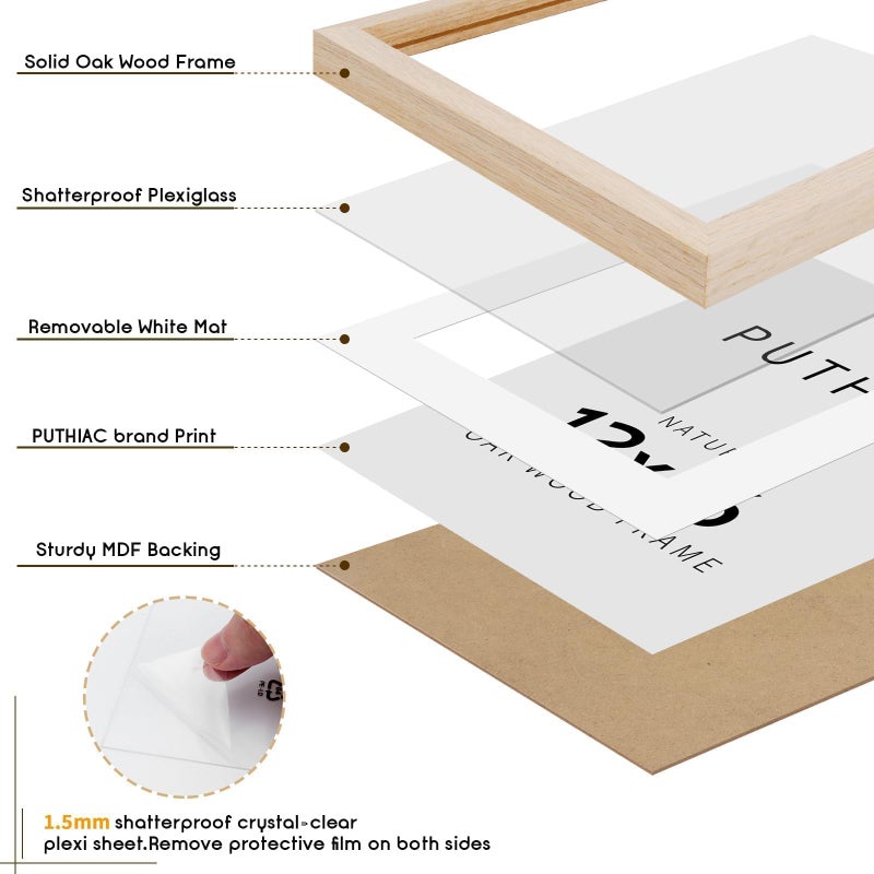 puthiac 12x16 Solid Oak Wood Picture Frame, Fits 8x12 with Mat or 12x16 Without Mat, Wall Display Only, Vertical or Horizontal, Plexi Front, 1 Pack, Natural Oak - Image 2