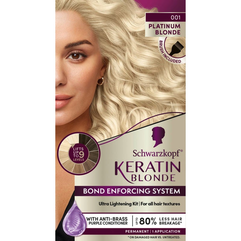 Schwarzkopf Keratin Blonde Hair Dye, 001 High Lift Platinum Blonde, Professional Quality Permanent Hair Color, Bond Enforcing System, Pre-Color Serum & Purple Conditioner Included - Image 1