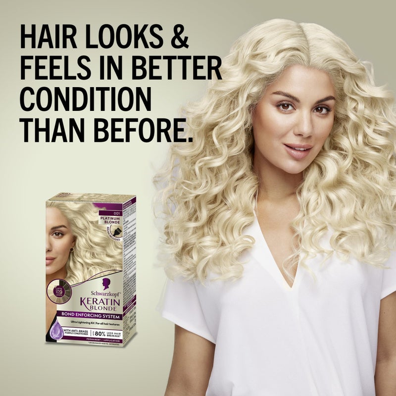 Schwarzkopf Keratin Blonde Hair Dye, 001 High Lift Platinum Blonde, Professional Quality Permanent Hair Color, Bond Enforcing System, Pre-Color Serum & Purple Conditioner Included - Image 4