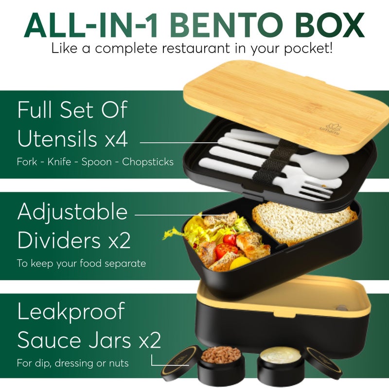 Umami Bento Box Adult All-In-1 w/4 Utensils, 2 Sauce Jars 2 Dividers, Bamboo Lid, 100% Leakproof, Microwave & Dishwasher Safe Stackable Bento Lunch Box Containers for Men/Women, Black & Bamboo, 68 oz - Image 3