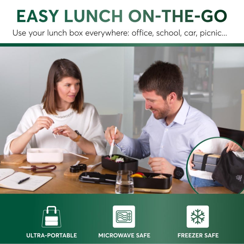 Umami Bento Box Adult All-In-1 w/4 Utensils, 2 Sauce Jars 2 Dividers, Bamboo Lid, 100% Leakproof, Microwave & Dishwasher Safe Stackable Bento Lunch Box Containers for Men/Women, Black & Bamboo, 68 oz - Image 5