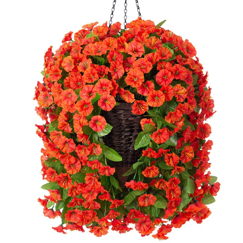 HyeFlora Artificial Fake Hanging Flowers Plants Baskets for Outdoor Fall Decoration, Faux Silk Orange Morning Glory in Planter UV Resistant Look Real for Home Porch Patio Balcony Yard Decor - Image 1