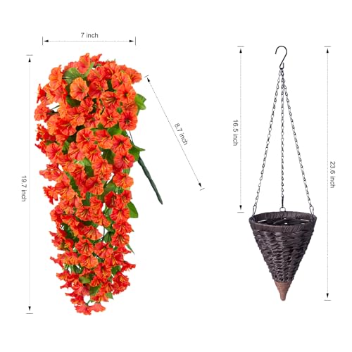 HyeFlora Artificial Fake Hanging Flowers Plants Baskets for Outdoor Fall Decoration, Faux Silk Orange Morning Glory in Planter UV Resistant Look Real for Home Porch Patio Balcony Yard Decor - Image 3