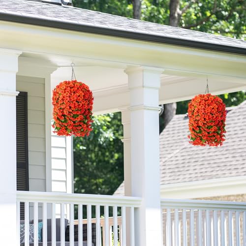 HyeFlora Artificial Fake Hanging Flowers Plants Baskets for Outdoor Fall Decoration, Faux Silk Orange Morning Glory in Planter UV Resistant Look Real for Home Porch Patio Balcony Yard Decor - Image 2