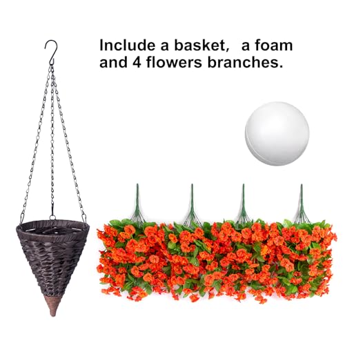 HyeFlora Artificial Fake Hanging Flowers Plants Baskets for Outdoor Fall Decoration, Faux Silk Orange Morning Glory in Planter UV Resistant Look Real for Home Porch Patio Balcony Yard Decor - Image 4
