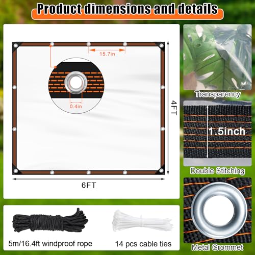 ZYP 4x6ft Heavy Duty Clear Waterproof Tarps Outdoor Garden Rainproof CoveringClear Vinyl Tarp with GrommetsTransparent Waterproof Tarpaulin for Covering Henhouse Porch Canopy Plant Camping - Image 3