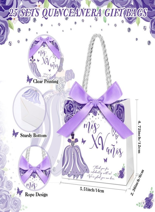 Skyygemm 25 Sets Quinceanera Party Favors for Guests Quinceanera Gift Bag with Handles Small Candy Bag with Bow Ribbon Mis Quince Decoration Sweet 15 Birthday Party Favor (Purple) - Image 2