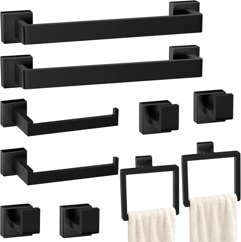 PAHSFS Bathroom Accessories Towel Bar Set: 10 Pieces Matte Black Bathroom Hardware Square SUS304 Stainless Steel - Wall Mounted Towel Rack&Toilet Paper Holder&Towel Ring and Towel Hook - Image 1