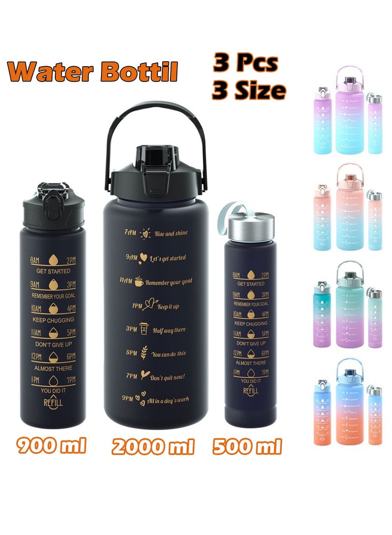 MODERN HOME 3Pcs Sports Water Bottle With Straw 2L 900ml And 500ml Made of high quality plastic Drinking BPA Free Non Toxic With Sports Drinks Time Markings Motivational Fitness - Image 1