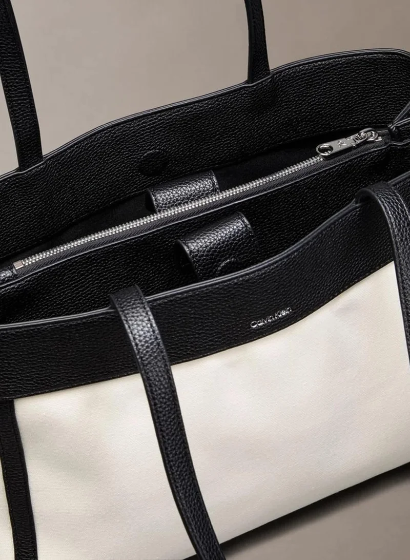 Calvin Klein WHITE CANVAS CK Monogram Plaque Canvas Tote Bag for Women | Best Price UAE