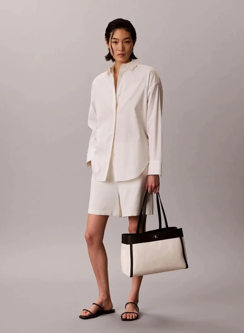 Calvin Klein WHITE CANVAS CK Monogram Plaque Canvas Tote Bag for Women | Best Price UAE