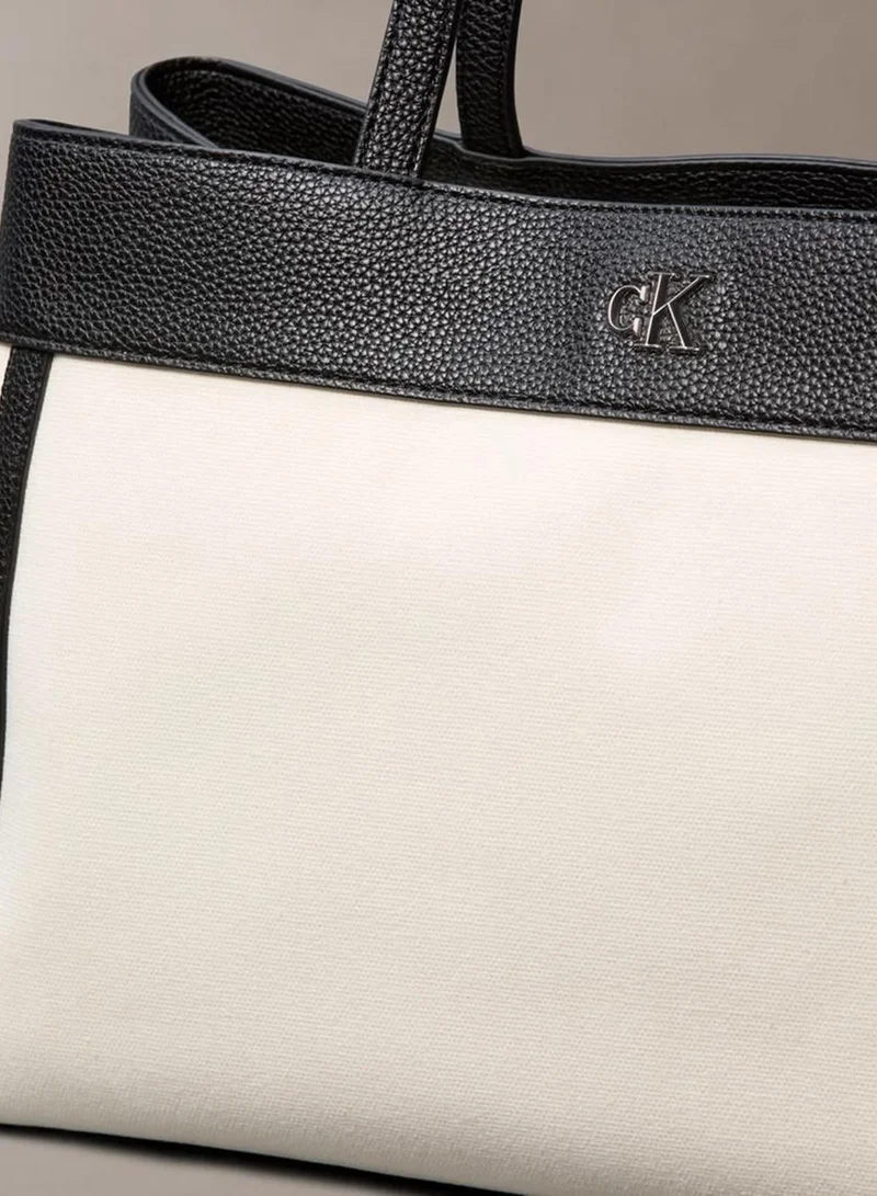 Calvin Klein WHITE CANVAS CK Monogram Plaque Canvas Tote Bag for Women | Best Price UAE