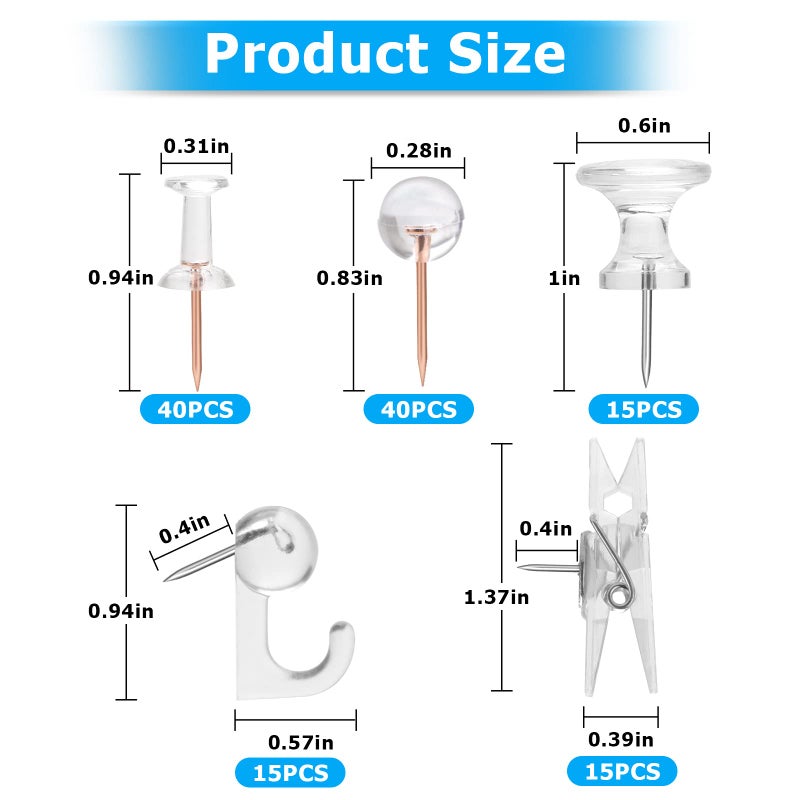 Yalis Clear Push Pins Set, 5 Styles 125-count Thumb Tacks Map Pins, Steel Point and Clear Plastic Head Pushpins Transparent Thumbtacks for Cork Board Bulletin Boards - Image 2