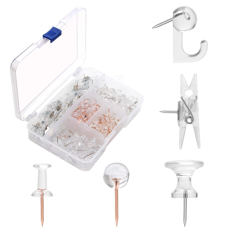 Yalis Clear Push Pins Set, 5 Styles 125-count Thumb Tacks Map Pins, Steel Point and Clear Plastic Head Pushpins Transparent Thumbtacks for Cork Board Bulletin Boards - Image 1