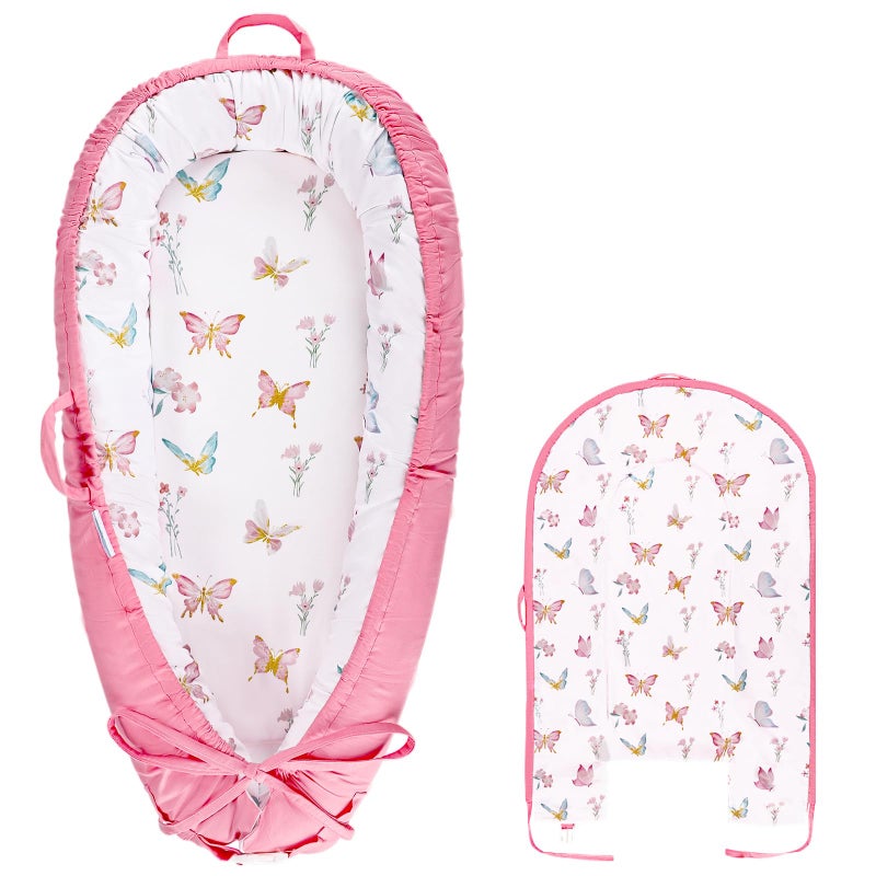 WINGHENLEE Baby Lounger Cover, Cotton Newborn Nest Cover, Baby Lounger Replacement Covers, Soft & Breathable, Reversible & Adjustable, Pink Butterfly(Cover Only) - Image 1