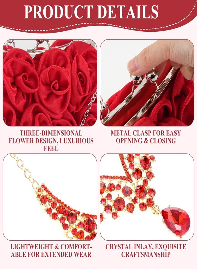 Hlimior Rose Wedding Jewelry Set 4 Piece for Bride with Clutch Purse, Rhinestone Crystal Necklace Earrings Bracelet, Formal Accessories for Prom Party Banquet Anniversary(Red) - Image 3