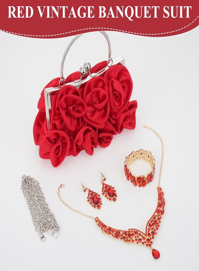 Hlimior Rose Wedding Jewelry Set 4 Piece for Bride with Clutch Purse, Rhinestone Crystal Necklace Earrings Bracelet, Formal Accessories for Prom Party Banquet Anniversary(Red) - Image 5