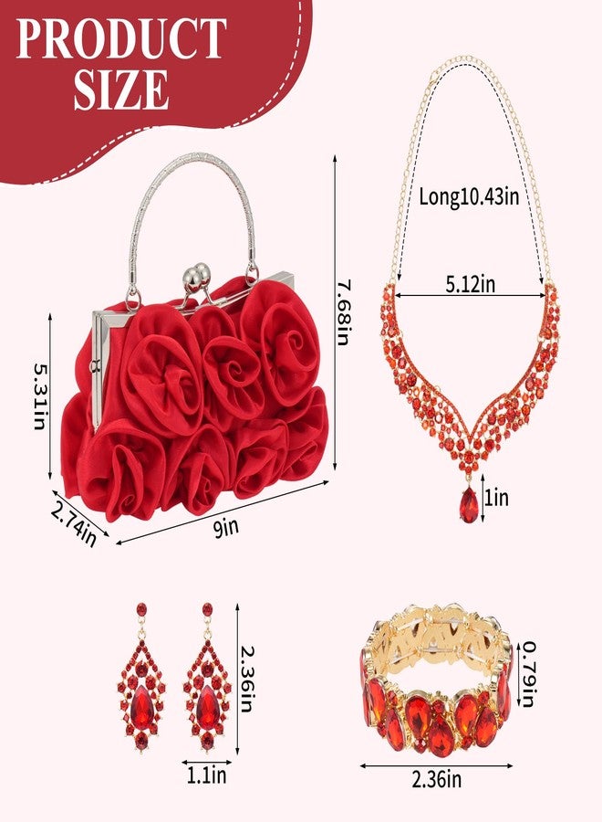 Hlimior Rose Wedding Jewelry Set 4 Piece for Bride with Clutch Purse, Rhinestone Crystal Necklace Earrings Bracelet, Formal Accessories for Prom Party Banquet Anniversary(Red) - Image 2