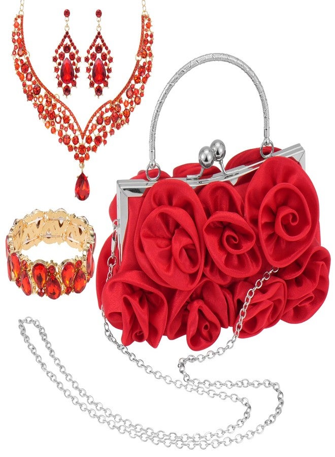 Hlimior Rose Wedding Jewelry Set 4 Piece for Bride with Clutch Purse, Rhinestone Crystal Necklace Earrings Bracelet, Formal Accessories for Prom Party Banquet Anniversary(Red) - Image 1
