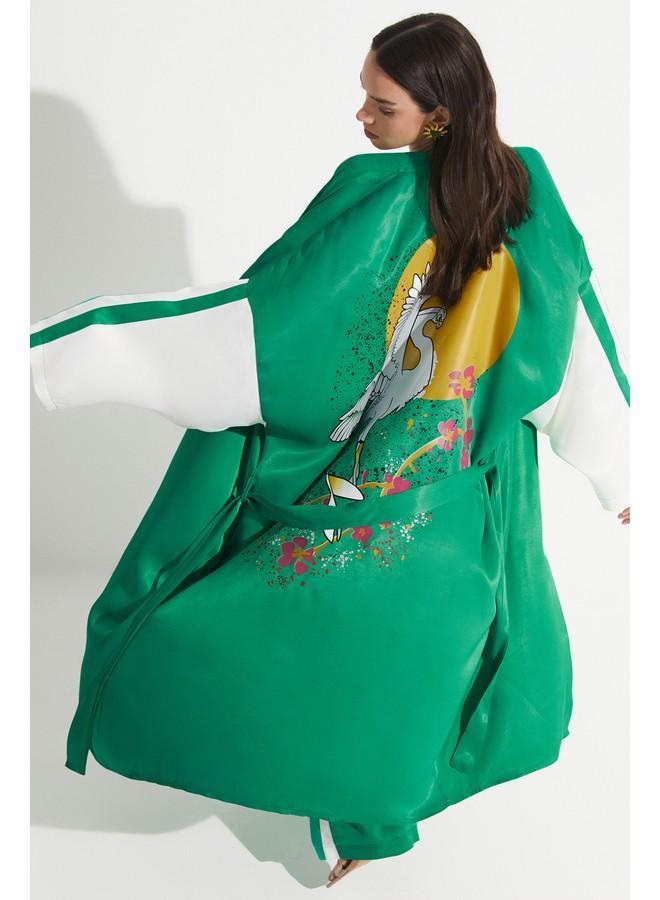 جون كيمونو وقفتان نسائي حصري يونيو 100% فيسكوز مطبوع أخضر - Image 3