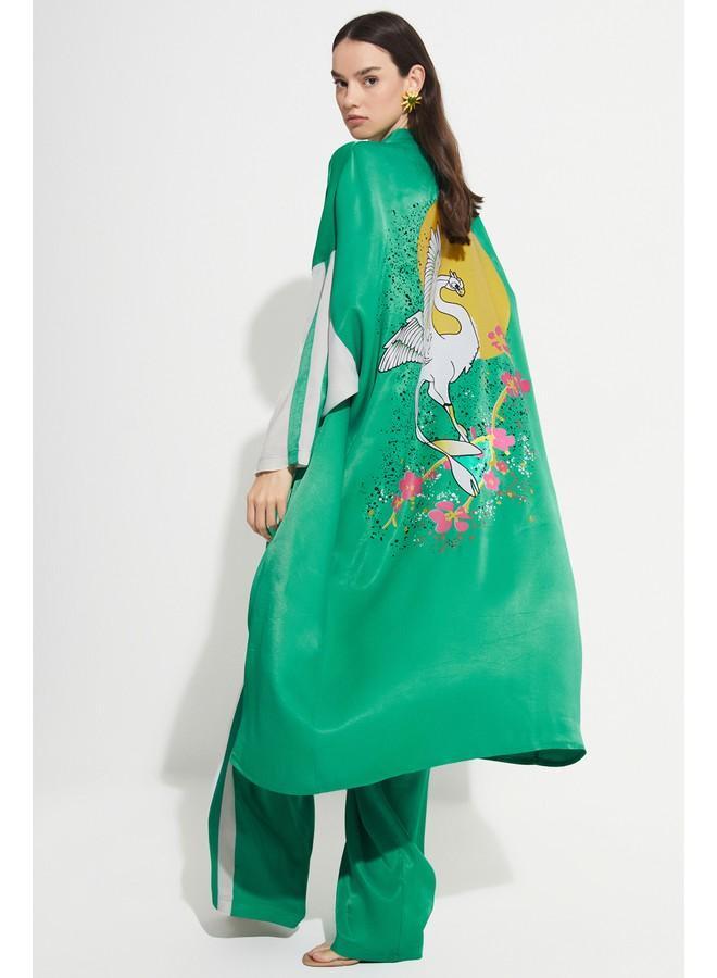 جون كيمونو وقفتان نسائي حصري يونيو 100% فيسكوز مطبوع أخضر - Image 1