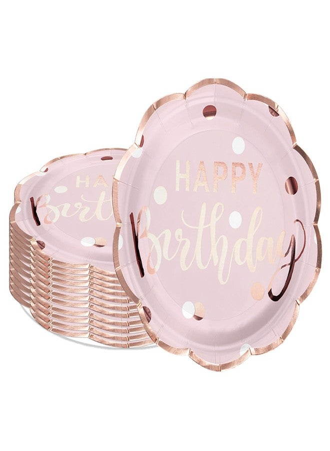 LeZakaa 25Pcs Birthday Paper Plates - Happy Birthday Lettering in Pink Rose Gold Foil Design Disposable Party Plates Decorative Tableware Supplies Table Decor - 7 Inch - Image 1